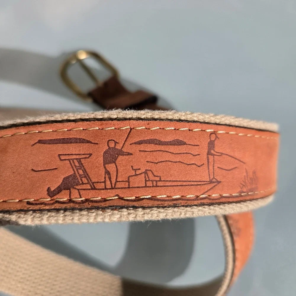 ZEP-PRO Mens Fishing Belt Tan Leather Canvas Snook Embroidered Solid Brass 42 44